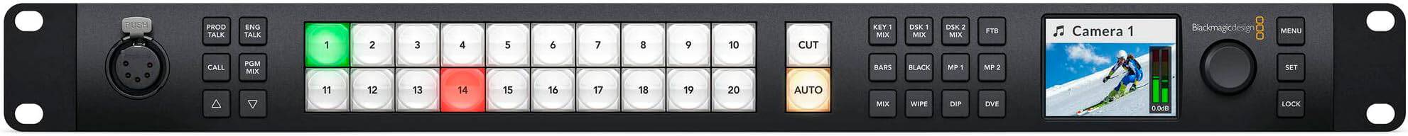 Blackmagic Design ATEM 2 M/E Constellation HD video switcher with multiple control panels and professional broadcast features.