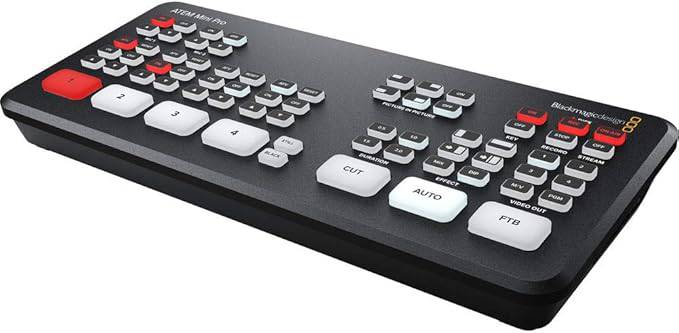 Blackmagic Design ATEM Mini Pro HDMI live stream switcher on a desk, with buttons and ports visible.