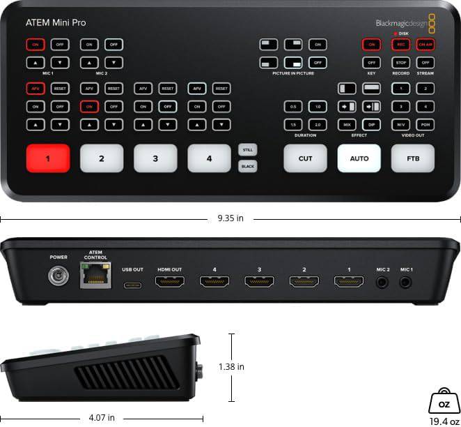 Blackmagic Design ATEM Mini Pro HDMI live stream switcher on a desk, with buttons and ports visible.