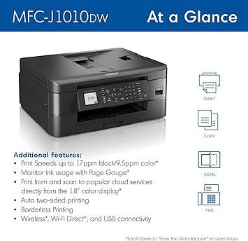 Brother MFC-J10 Series 3-in-1 Printer, Wireless Color Inkjet Printer, Printer, Copy, Scan, Fax - 9.5 ppm, 150 Sheets, 1.8