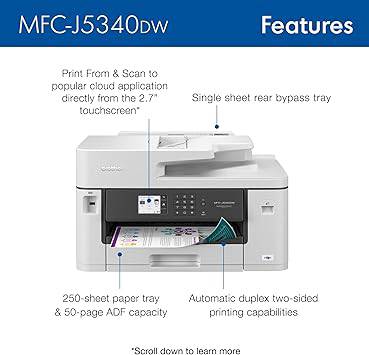 Brother MFC-J5340DW Business Color Inkjet All-in-One Printer with Printing up to 11”x17 (Ledger) Size Capabilities, White - MFC-J5340DW