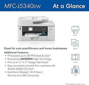 Brother MFC-J5340DW Business Color Inkjet All-in-One Printer with Printing up to 11”x17 (Ledger) Size Capabilities, White - MFC-J5340DW