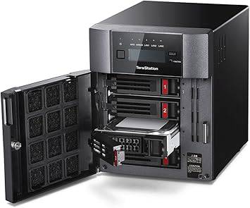 Buffalo TeraStation 5410DN desktop NAS with 16TB storage, featuring hard drives installed for network data sharing.