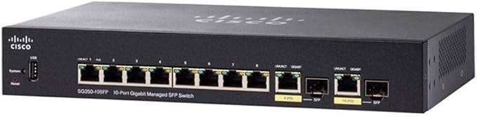 Cisco 10-port Gigabit managed SFP switch with Ethernet ports, featuring a sleek design and multiple SFP slots for efficient network management.