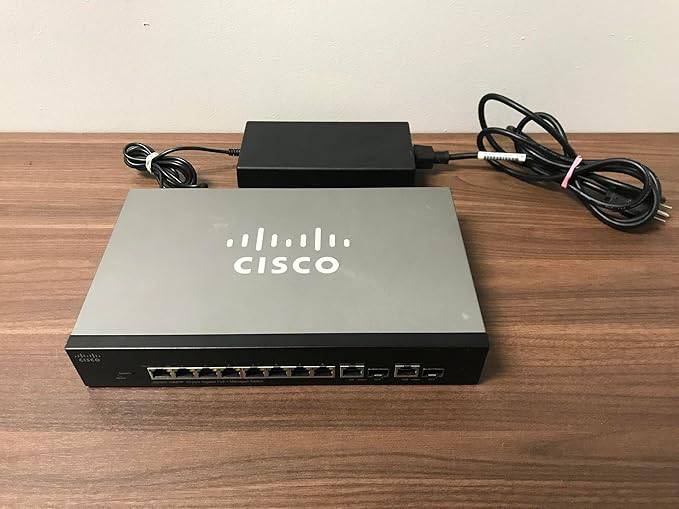Cisco 10-Port Gigabit PoE Managed Switch SG300-10MPP-K9-NA with ports and LED indicators on a black device