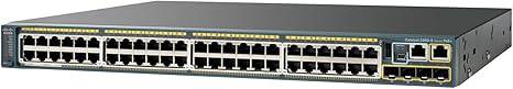 Cisco 2960 48-Port Catalyst Switch with PoE, shown in a professional office setting, featuring multiple Ethernet ports and ports labels.
