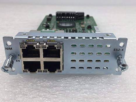 Cisco 4-Port Gigabit Ethernet switch NIM installed in a network setup, with visible ports and LED indicators.