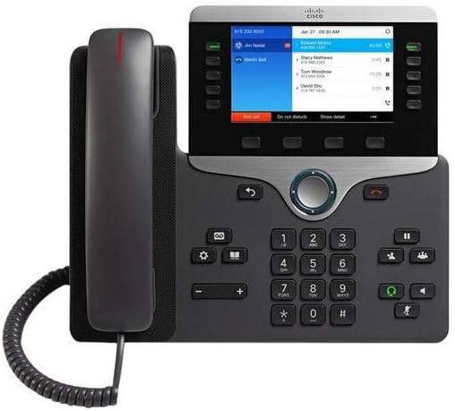 Cisco 8851 IP Phone wall mountable with cable, featuring a sleek design and multiple call buttons, displayed on a neutral background.