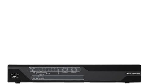 Cisco 897VA Gigabit Ethernet Security Router with multiple ports and security features, installed on a desk with cables.