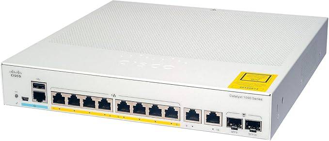 Cisco Catalyst 1000-8P-E-2G-L network switch with 8 Gigabit Ethernet PoE+ ports, 2 combo ports, fanless design, 670W PoE budget.