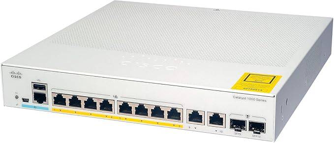 Cisco Catalyst 1000-8T-E-2G-L network switch with 8 Gigabit Ethernet ports, 2 SFP/RJ-45 combo ports, fanless design.