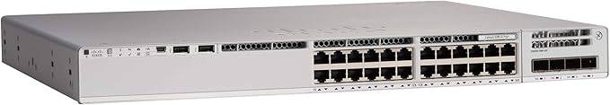 Cisco Catalyst 9200L Layer 3 switch with 24 Gigabit Ethernet ports, 4 uplinks, manageable, supports fiber and twisted pair connections.