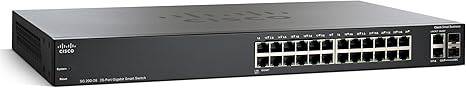 Cisco SG200-26 Gigabit Ethernet Smart Switch with 24 ports and 2 combo Mini-GBIC ports, used in network infrastructure.