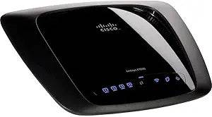Wireless-N Cisco-Linksys E1000 router with multiple antennas, connected to a network setup for home or office use