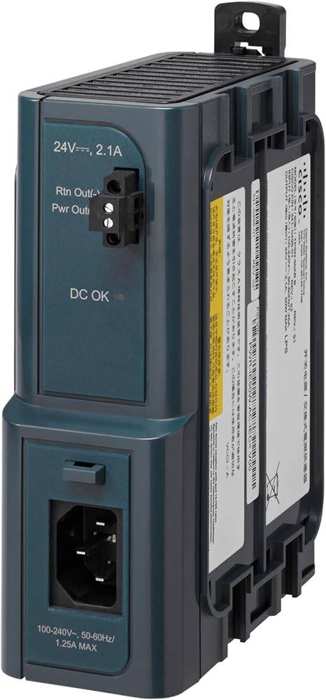 Cisco Power Supply PWR-IE50W-AC, DIN rail mountable 50W power supply by Beaver Computer, shown mounted on a DIN rail.