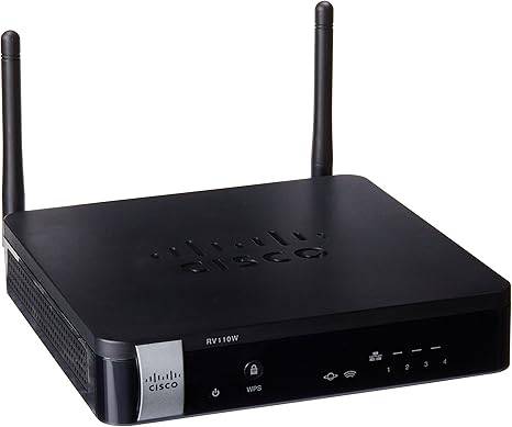 Cisco RV110W-A-NA-K9 Small Business Wireless N VPN Firewall Router, black device with ports and antenna for secure network access