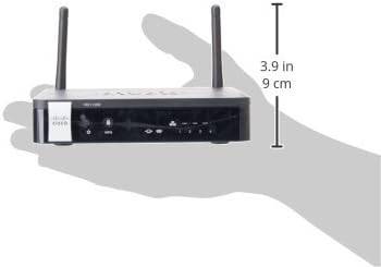 Cisco RV110W-A-NA-K9 Small Business Wireless N VPN Firewall Router, black device with ports and antenna for secure network access