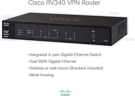 Cisco RV340 VPN router with 4 Gigabit Ethernet ports and Dual WAN, featuring limited lifetime protection.