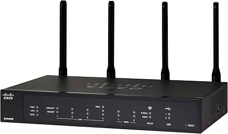 Cisco RV340W VPN router with 4 Gigabit Ethernet ports, Wireless-AC, dual WAN, web filtering, and limited lifetime protection.