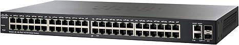Cisco SF220-48 Smart Switch with 48 Fast Ethernet ports and 2 Gigabit Ethernet uplinks, limited lifetime protection.