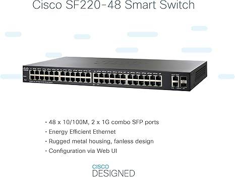Cisco SF220-48 Smart Switch with 48 10/100 Fast Ethernet ports plus 2 Gigabit Ethernet (GbE) uplinks, Limited Lifetime Protection