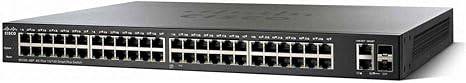 Cisco SF220-48P Smart Switch with 48 Fast Ethernet ports, 2 Gigabit Ethernet ports, 375W PoE, and limited lifetime protection.