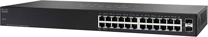Cisco SG110-24 unmanaged switch with 24 Gigabit Ethernet ports and 2 combo Mini-GBIC SFP slots, limited lifetime protection.