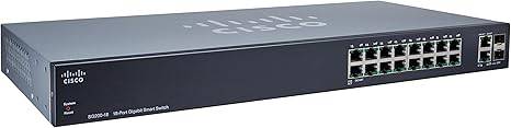 Cisco SG200-18 18-port Gigabit Smart Switch, black network switch with multiple Ethernet ports, used for business networking.