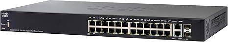 Cisco SG250-26HP-K9-NA Gigabit Ethernet Switch with multiple ports and power supply, shown in a professional setup.