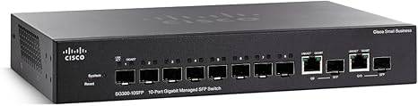 Cisco SG300-10SFP-K9 10-port gigabit managed SFP switch with LED indicators and port labels on a network setup.