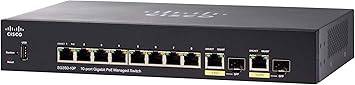 Cisco SG350-10P managed switch with 10 Gigabit Ethernet ports, 8 RJ45 ports, 2 SFP ports, PoE, and lifetime protection.