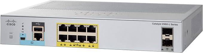 Cisco WS-C2960L-8PS-LL Catalyst switch with 8 Gigabit Ethernet ports, PoE, and 2 SFP ports, shown from the front.