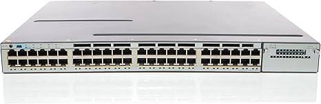 Cisco WS-C3750X-48PF-L Catalyst switch with 48 ports, featuring PoE and fiber options, shown in a network setup.
