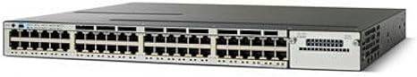 Cisco WS-C3750X-48T-S Catalyst Switch from the 3750X Series with 48 Ethernet ports, black network switch with LEDs and ports visible