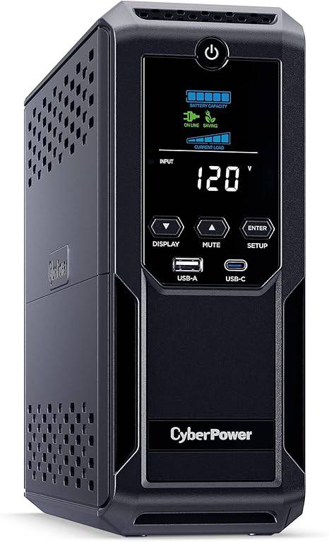 CyberPower CP1500AVRLCD3 UPS system in black, 1500VA/900W, mini tower design with 12 outlets and 2 USB ports.