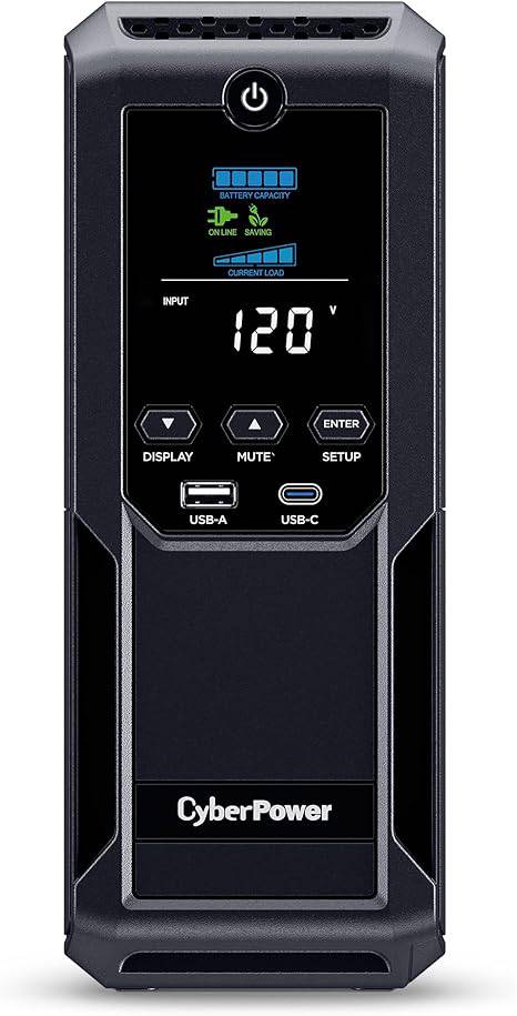 CyberPower CP1500AVRLCD3 Intelligent LCD UPS System, 1500VA/900W, 12 Outlets, 2 USB Ports, AVR, Mini Tower, Black