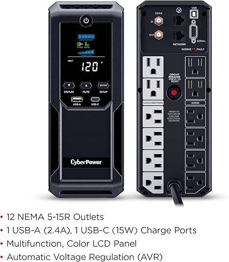 CyberPower CP1500AVRLCD3 UPS system in black, 1500VA/900W, mini tower design with 12 outlets and 2 USB ports.