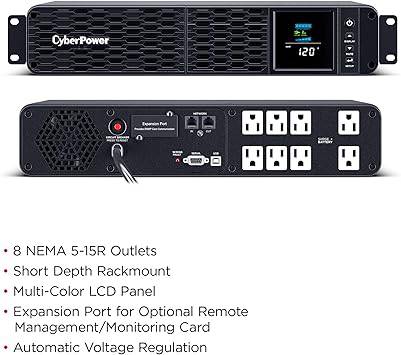 CyberPower CP1500PFCRM2U PFC Sinewave UPS System, 1500VA/1000W, 8 Outlets, AVR, Short Depth 2U Rackmount - CP1500PFCRM2U
