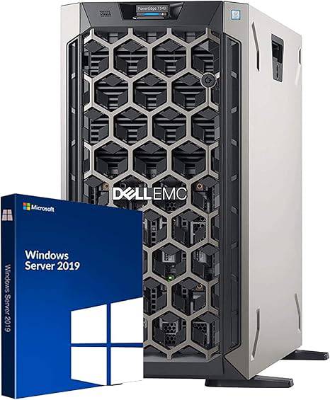 Dell PowerEdge T340 tower server with Windows 2019, Intel Xeon E-2124, 32GB DDR4 RAM, 8TB storage, RAID, and single PSU.