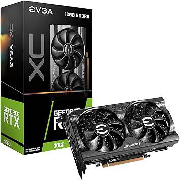 EVGA GeForce RTX 3060 XC Gaming graphics card with 12GB GDDR6, PCIe 4.0, cooling fans, and detailed PCB layout.