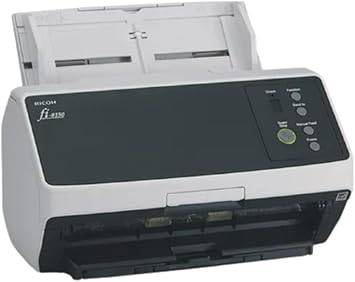 Fujitsu fi-8190 image scanner on a desk, featuring sleek design and multiple document feeding trays for high-volume scanning.