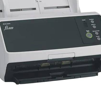 Fujitsu fi-8190 image scanner on a desk, featuring sleek design and multiple document feeding trays for high-volume scanning.