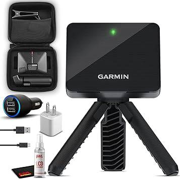 Garmin Approach R10 portable golf launch monitor with travel and cleaning kit, showing the device with golf course background.