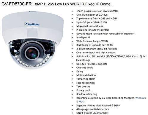 GEOVISION GV-FD8700-FR 8MP Low Lux WDR Face Recognition IR Network Dome Camera with 3.3~12mm varifocal Lens, RJ45 Connection