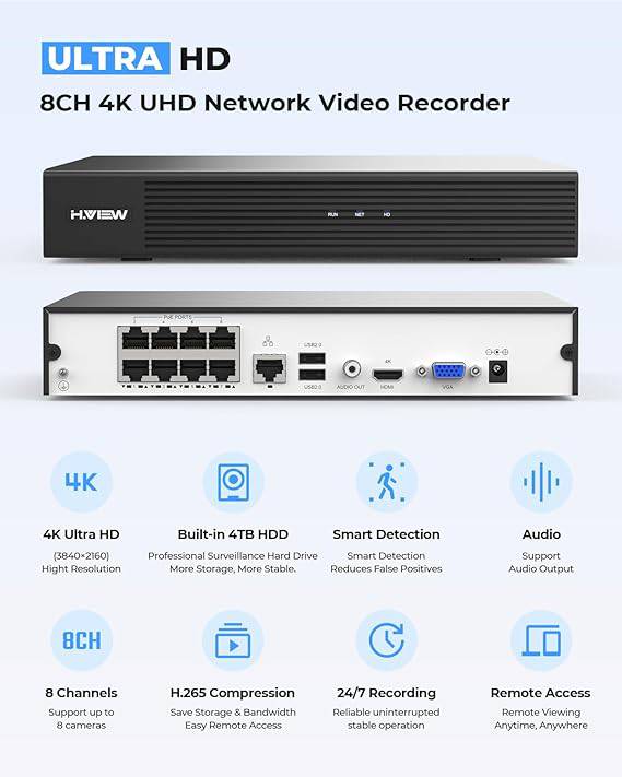 H.VIEW 4K Home Security Camera System Poe 8mp 6 Pcs IP Dome CCTV Camera Kits, 4K PoE Cameras Home Surveillance Wired Outdoor, 8CH NVR 4TB HDD with Audio,Smart AI Detection