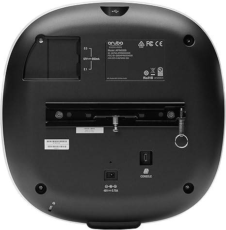 Hewlett-Packard Aruba AP-535 wireless access point with four antennas, dual-band 802.11ax, 3.55 Gbps speed, and multiple Ethernet ports.