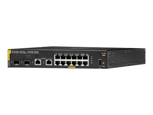 Hewlett Packard Aruba 6000 12G Cl4 network switch with 2 SFP ports and 139W power, shown in a professional computer setup.