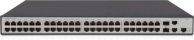HP 1950-48G-2SFP+-2XGT switch with multiple Ethernet ports, shown with front view, featuring SFP and XGT ports for network connectivity.