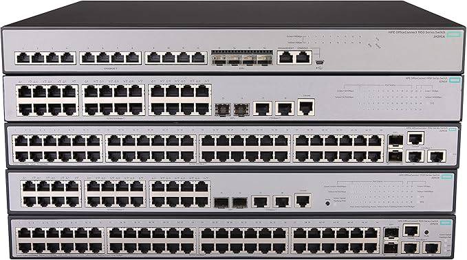 HP 1950-48G-2SFP+-2XGT switch with multiple Ethernet ports, shown with front view, featuring SFP and XGT ports for network connectivity.