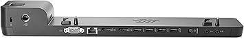 HP 2013 D9Y32AA UltraSlim Docking Station with 65W adapter, compatible with HP EliteBook Folio 9470m, shown on a desk.